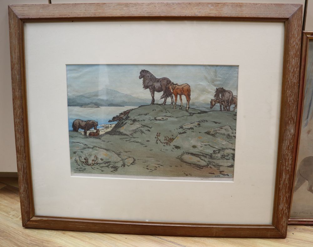 Allen William Seaby (1867-1953), colour wood engraving, Ponies in a coastal landscape, signed in the plate, 23 x 33.5cm